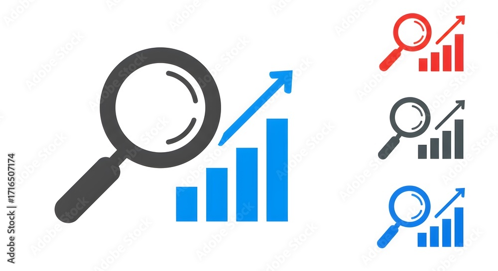 Icon of magnifying glass over rising bar chart Icon of magnifying glass over rising bar chart