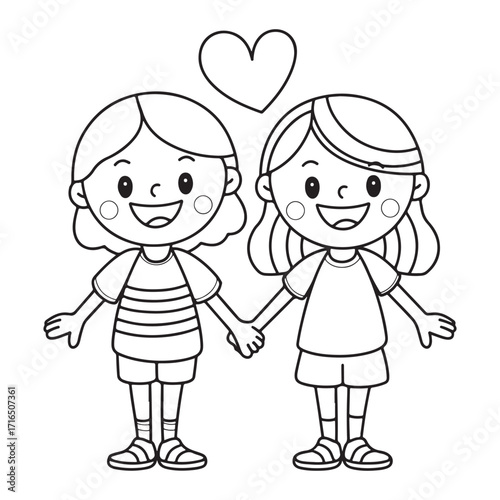 Two Happy Little Girls Holding Hands with a Heart Above for Coloring Pages and Children's Activities