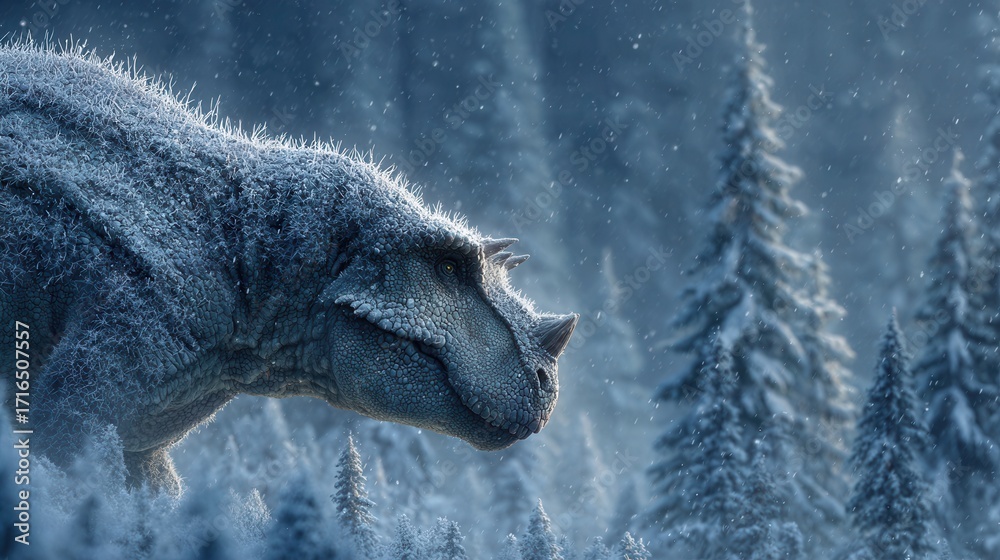Obraz premium Icy dinosaur standing on snow-covered mountain