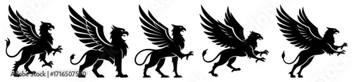 A Set of Griffins Mythological Creatures Black Shape Vector Laser Cutting Engraving Monochrome Print
