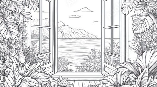Ocean view through window illustration