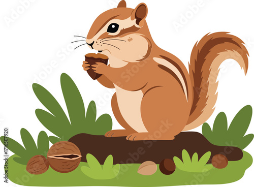 Chipmunk sitting on log eating nut surrounded by green leaves and nuts vector illustration