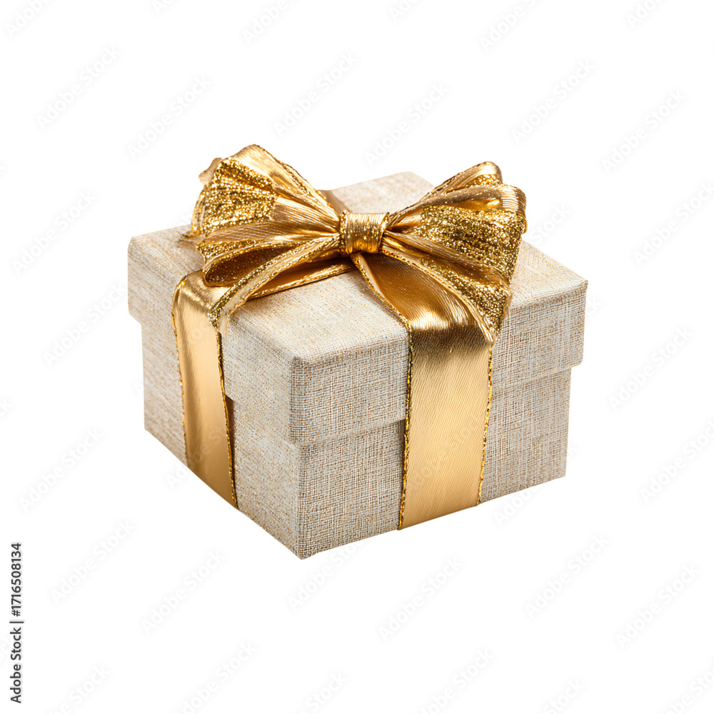 Obraz premium Elegant golden ribbon gift box radiating luxury and celebration for special occasions, birthdays, and holidays, creating joy and surprise.
