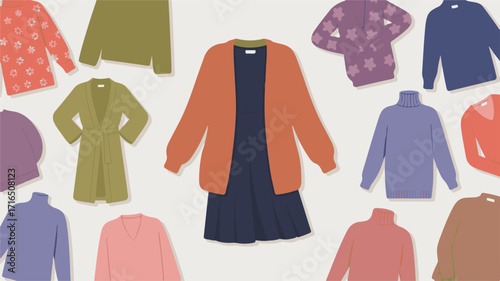 Assortment of Cozy Sweaters and Dresses in Various Colors and Patterns knitwear clothing