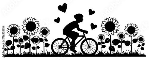Silhouette of a Cyclist in a Sunflower Field with Hearts