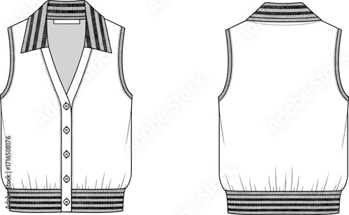 Vector flat fashion sketch of sleeveless button vest with collar, ribbed hem, striped neckline, front buttons, and back technical illustration