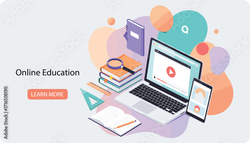 Online education concept with laptop, mobile phone, books, magnifying glass, notebook, ruler, and learning tools for remote digital study