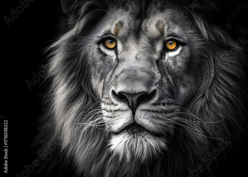 Majestic lion portrait black and white intense gaze powerful animal wildlife photography