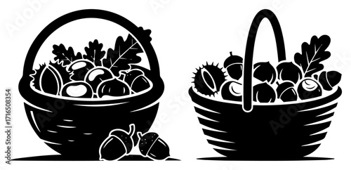 Basket of Acorns and Oak Leaves for Autumn Decoration