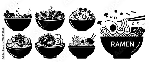 Set of Asian and Hawaiian Food Bowls with Ramen black shape vector laser cutting engraving monochrome print