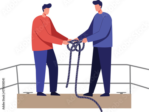 Two men tying knot together on dock preparing rope for sailing or boating activity in vector design