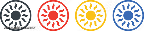 sun, icon, symbol, weather, heat, light, energy, solar, bright, day, summer, climate, celestial, object, dark gray, red, yellow, blue, circle, rays, warmth, sunshine