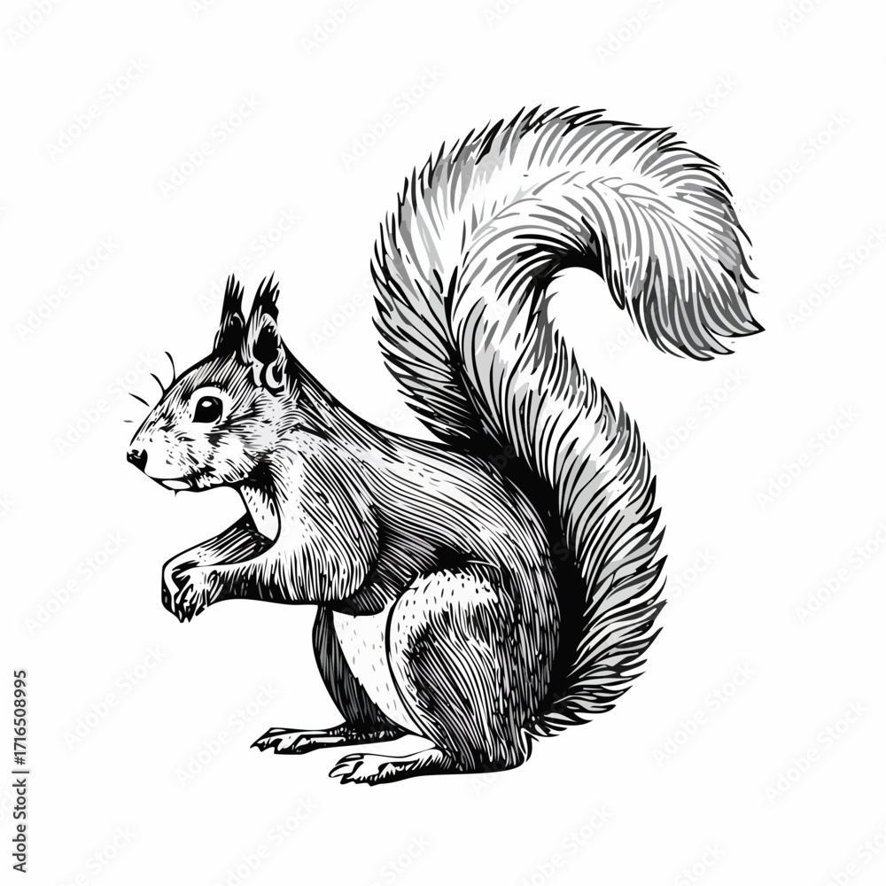 Obraz premium Vintage engraving isolated squirrel set illustration ink sketch. Forest background animal silhouette art. Black and white hand drawn image