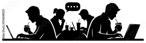 People Working on Laptops in a Cafe or Coworking Space Black Shape Vector Laser Cutting Engraving Monochrome Print