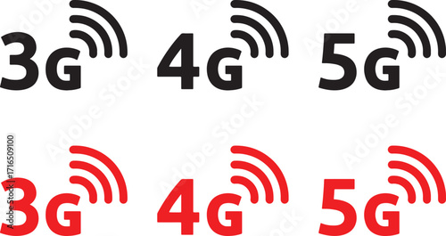 3g, 4g, 5g, mobile, network, internet, technology, signal, connection, wireless, communication, data, speed, generation, icon, symbol, graphic, design, black, red, white background, set, collection, w