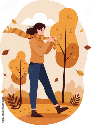 Woman walking in autumn park with scarf and warm clothing surrounded by orange trees and falling leaves vector illustration