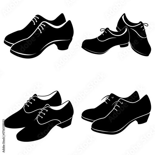 Four pairs of black tango shoes are displayed in a symmetrical arrangement on a white background image here