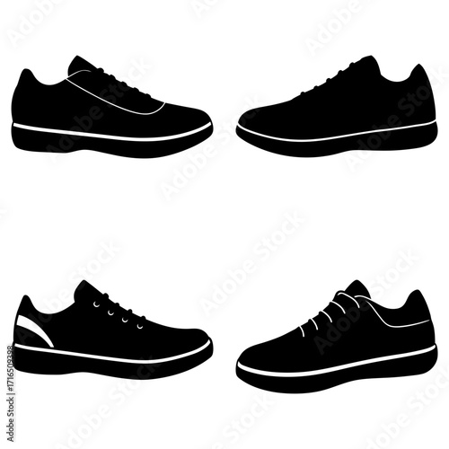 Four black and white silhouette images of athletic shoes in different styles and orientations shown