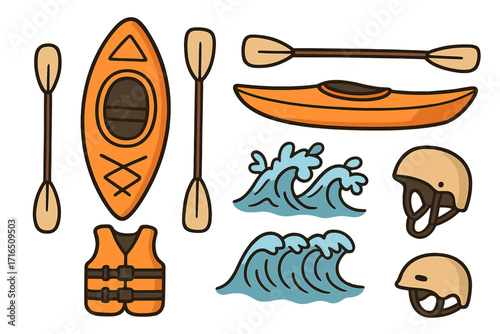 Canoeing and kayaking equipment icon set for water sports adventure. Vector doodle illustration collection with kayak, boat, paddle, life vest, helmet, and whitewater rapids.
