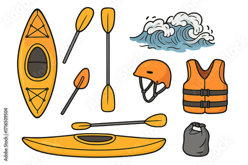 Kayaking & canoeing essentials vector icon set. Cartoon doodle of kayak, paddle, life vest, helmet, dry bag & wave. Water sport safety gear for river rafting adventure.