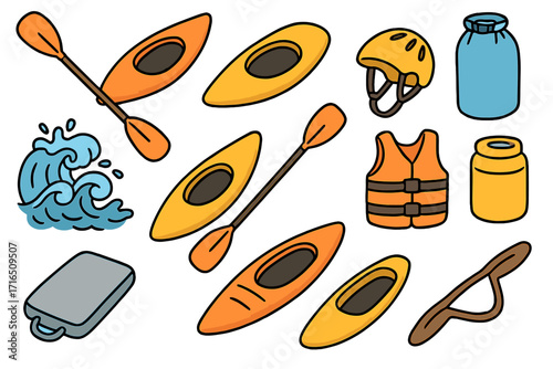 Canoeing essentials doodle set. Kayak and canoe equipment for water sport adventure. Vector cartoon icon collection with paddle, life vest, helmet, rapids, and safety gear.