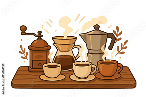 Coffee making equipment set. Moka pot, pour-over dripper, manual coffee grinder, hot steaming cups. Morning ritual concept. Vector cartoon illustration for cafe menu design.