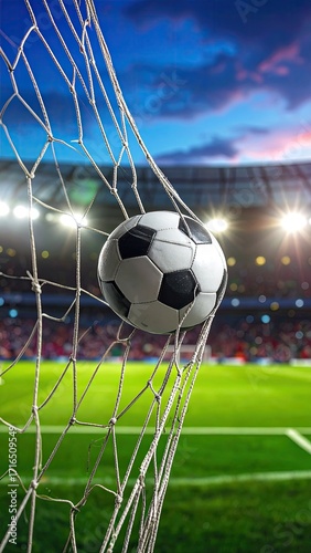 Soccer ball in a stadium goal net.  Close-up view of a goal being scored.  A black and white soccer ball nestled in a net against a stadium backdrop.  Evening or night game with stadium lights