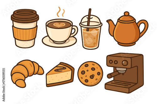 Coffee shop icon set vector cartoon illustration. Collection of cafe elements: to-go cup, latte art, iced coffee, teapot, croissant, cheesecake, cookie, espresso machine.