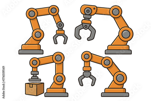 Set of industrial robotic arms for automation. Factory manipulator for conveyor production line. Vector illustration of technology for manufacturing, assembly and packaging.