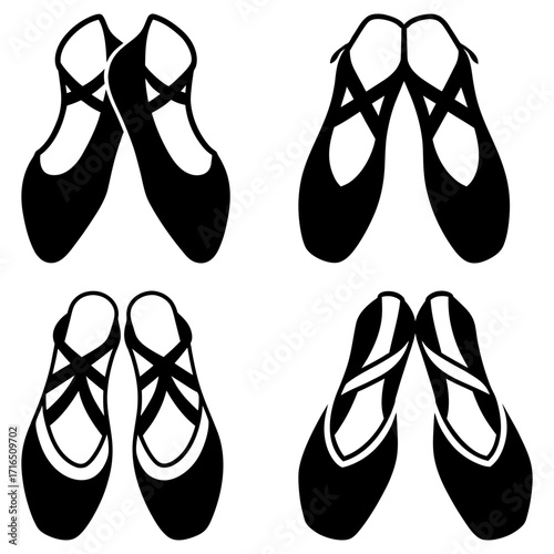 Four pairs of ballet shoes displayed in a symmetrical arrangement on a white background in black and white style