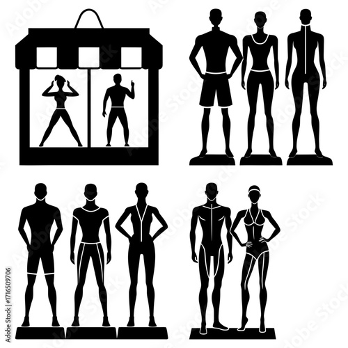 Black silhouettes of mannequins in athletic wear and a shop window with figures doing exercises