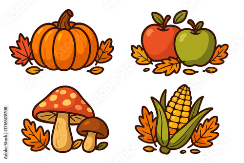 Autumn harvest vector set with cute cartoon pumpkin, apple, corn, and mushroom. Fall food illustration collection for Thanksgiving. Colorful seasonal icons and stickers.