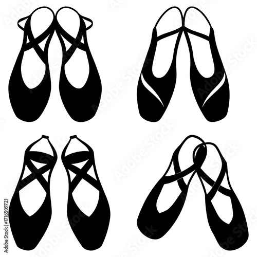Four pairs of ballet shoes are displayed in a square format on a white background in a simple illustration
