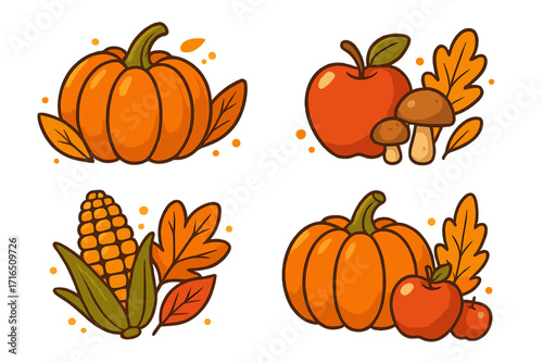Autumn harvest vector set. Cute cartoon pumpkin, apple, corn, mushroom food icons. Fall season graphic elements for Thanksgiving decoration. Isolated flat design illustration.