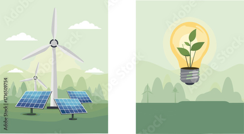 Renewable energy illustration, solar panels, wind turbines, eco-friendly power, green energy concept, sustainable growth, light bulb plant, environmental innovation