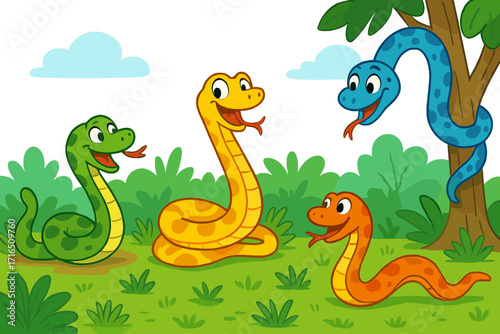 Group of cute cartoon snakes. Funny colorful snake characters for kids. Happy reptile friends in jungle forest. Cheerful smiling animal mascots vector illustration set.