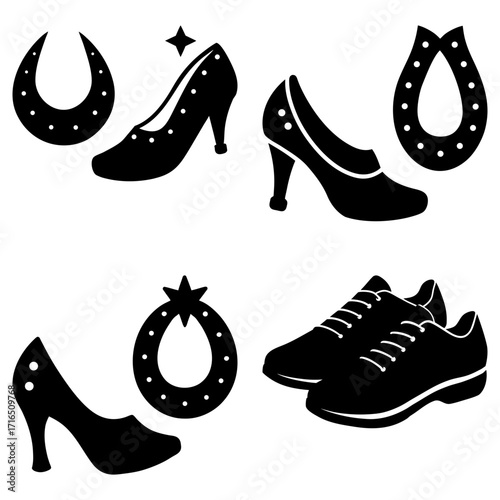 Illustration showing various types of footwear including heels and oxfords and horseshoe symbols
