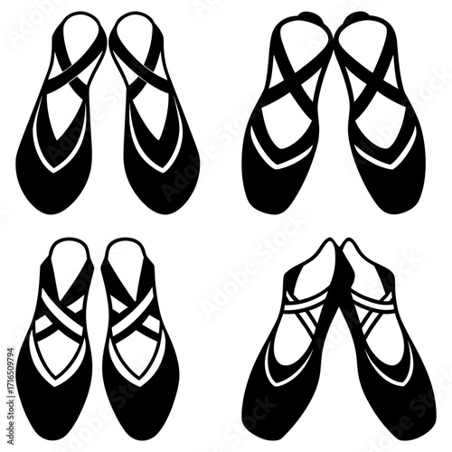 Four pairs of ballet shoes in black and white showcasing elegance and the art of dance footwear design
