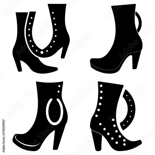 Four black elegant heeled boots with decorative elements in a symmetrical arrangement on a white background