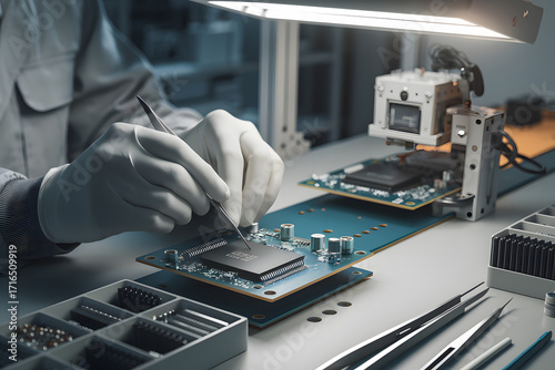 Engineer's Gloved Hands Assembling Microchip on Circuit Board in High-Tech Lab. AI Generated