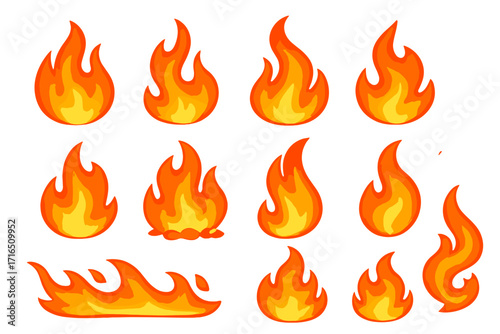 Fire flames vector set. Cartoon flame icons collection. Bonfire, campfire, hot burn effect, heat energy power illustration. Red orange flare, spark signs, inferno symbol.