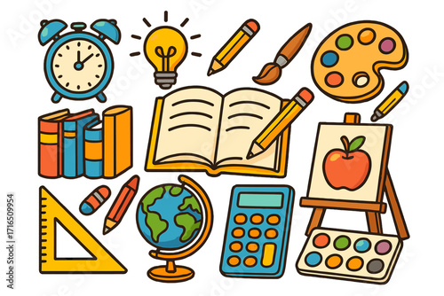 Cartoon back to school concept with supplies. Education and learning icons set. Vector illustration of book, pencil, globe, paint, calculator for study and creativity.