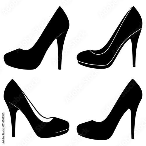 Silhouette illustration of four high heel shoes in black color on a white background in a simple style
