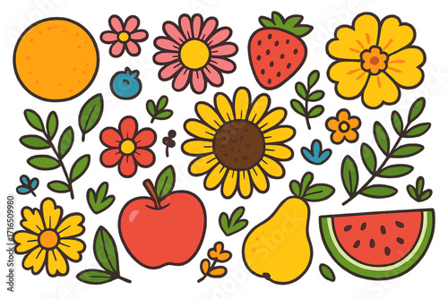 Colorful summer fruit and flower doodle set. Cute cartoon garden icons with apple, strawberry, sunflower, watermelon. Vector illustration collection for kids. Cheerful nature.