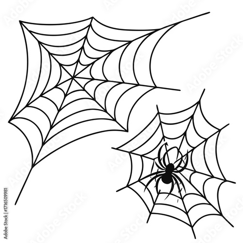 Web of Shadows: A spooky Halloween graphic features two spiderwebs, with one accompanied by a black spider, casting an eerie aesthetic.