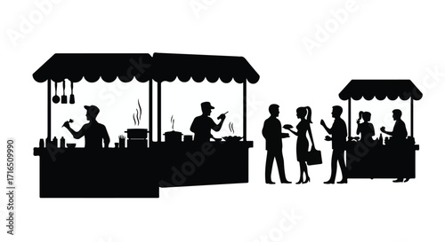 Silhouettes of people enjoying street food at outdoor market stalls on a bright day.