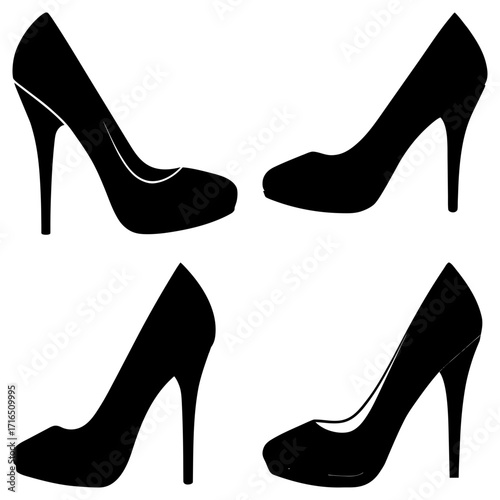Four black high heel shoes arranged in a square formation against a white isolated background image view