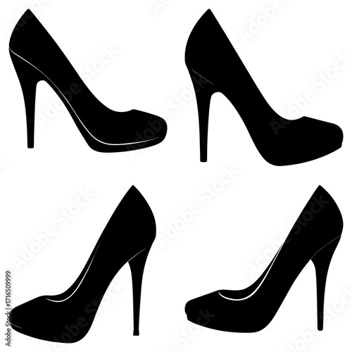 Four black high heel shoes are displayed in a grid format against a white background in a simple style