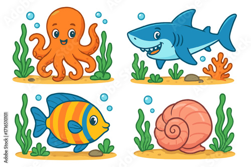 Cute sea animals cartoon character set. Funny underwater octopus, shark, fish, and seashell collection. Marine wildlife vector illustration for kids. Ocean life icon pack.
