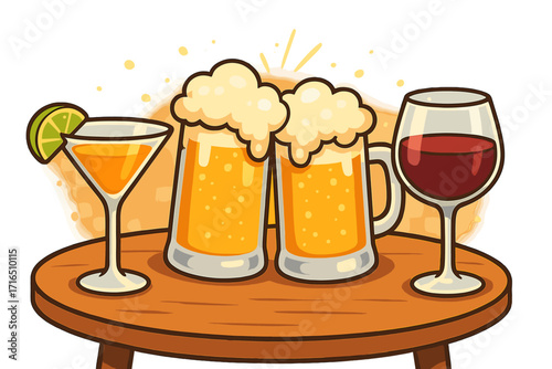 Vector illustration of celebration drinks on a table. Beer mugs toasting, cheers with wine and cocktail glass. Festive gathering, party concept for a pub or bar menu. Alcohol.